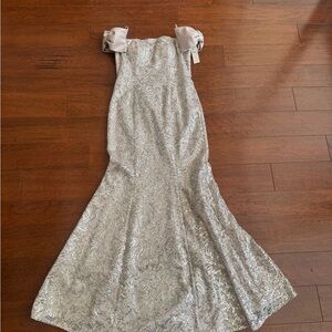 Eliza J Silver Sequin Strapless Mermaid Wedding Dress with Pale Pink Bows